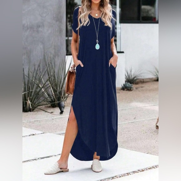 V neck short sleeve maxi dress slits with pockets black - Picture 3 of 4